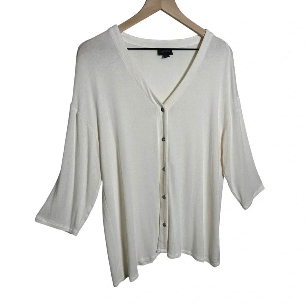 J Jill Wearever Collection Large Ultra Fine 3/4 Bracelet Sleeve Cream Cardigan - Picture 5 of 10
